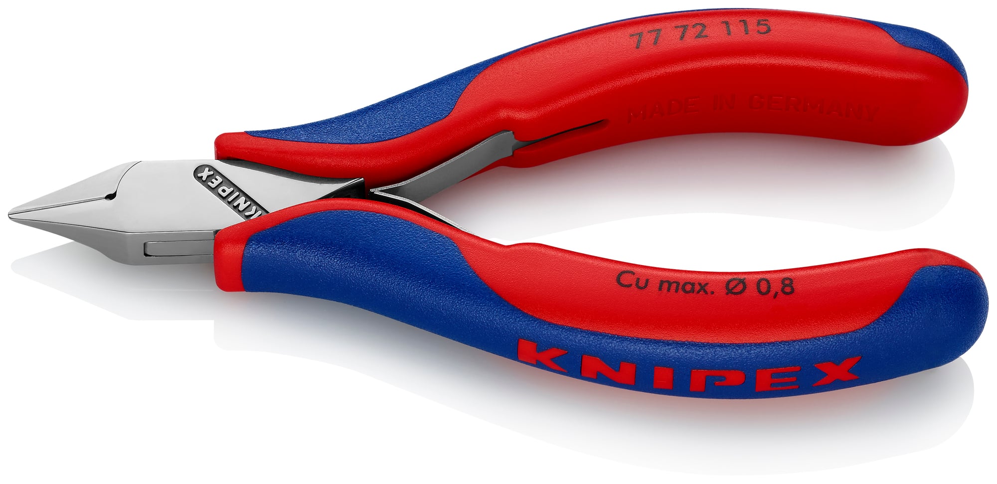 Electronics Diagonal Cutters, 4 1/2 in., Multi-component, Polished, Semi-flush with Small Bevel Cut, Tapered Head, Up to 1/32 in. Soft Wire