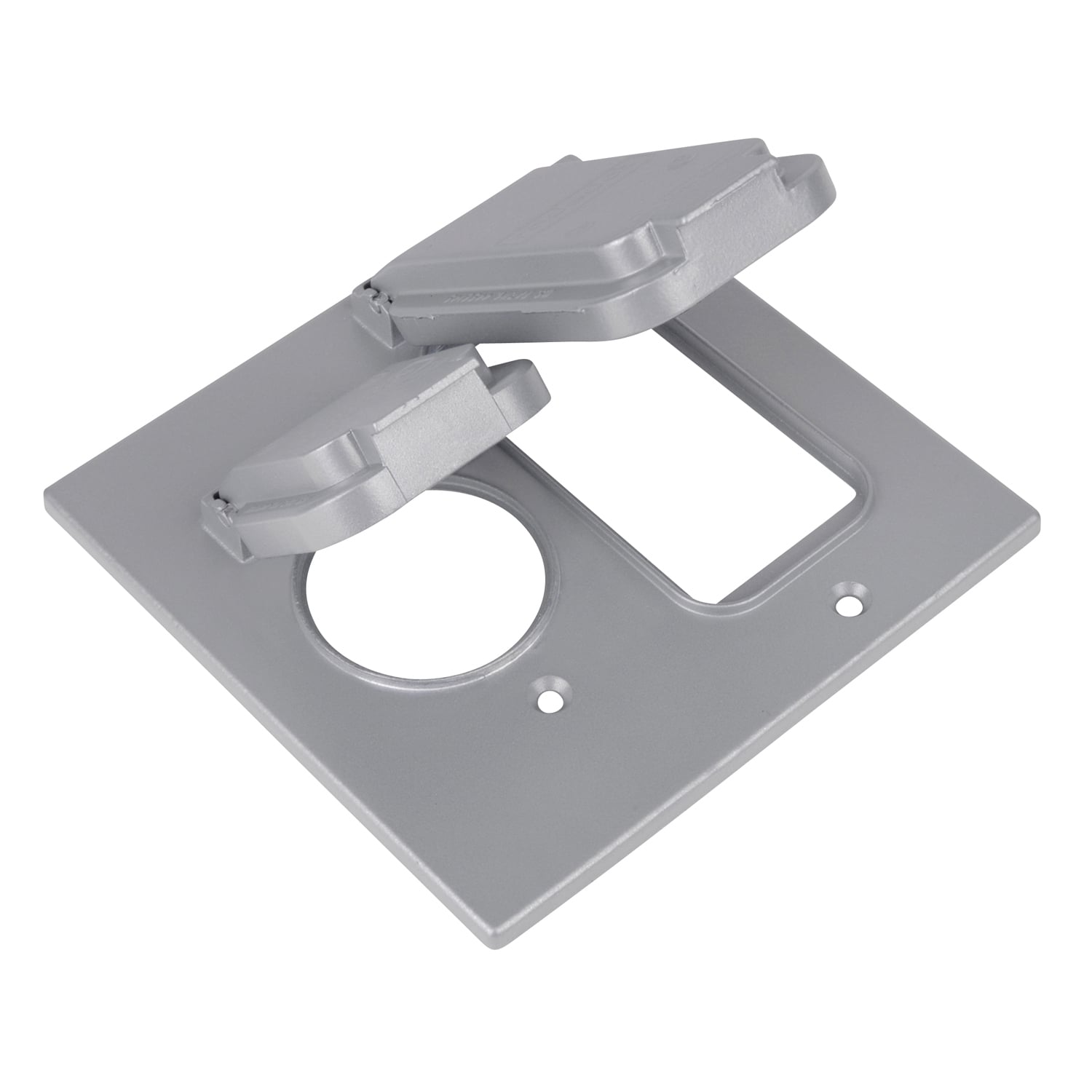 Two Gang Weatherproof Receptacle Cover, Silver, Aluminum, 1 Single Receptacle with 1.485 Inch Opening and 1 GFI Receptacle Opening, Device Mount