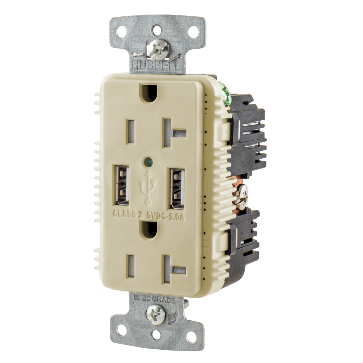 USB Charger Duplex Receptacle, 20A 125V,2-Pole 3-Wire Grounding, 5-20R, 2) 5A USB Ports, Ivory