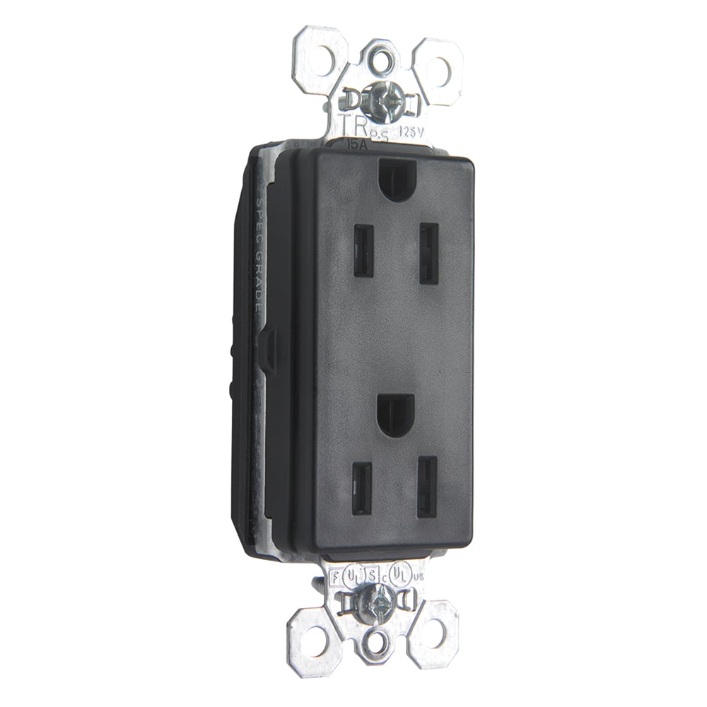 PlugTail Tamper-Resistant Decorator Spec Grade Duplex Receptacle, 15amp 125volt, Black