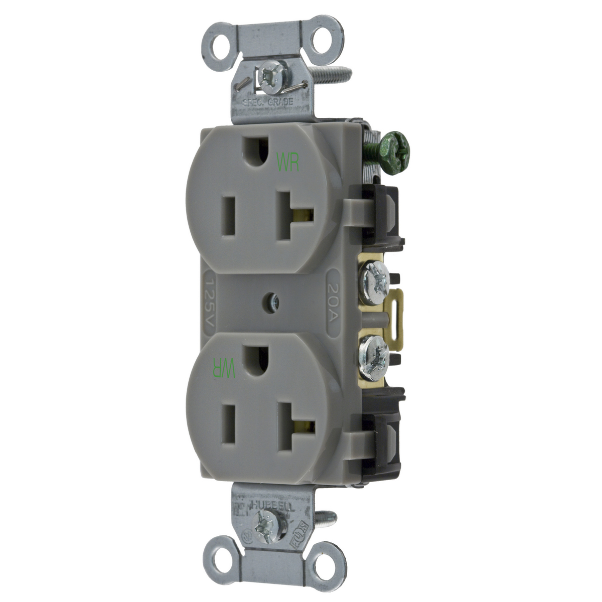 Straight Blade Devices, Receptacles, Weather-Resistant Duplex, Commercial/Industrial Grade, 2-Pole 3-Wire, Grounding, 20A 125V, 5- 20R, Gray, Single Pack.