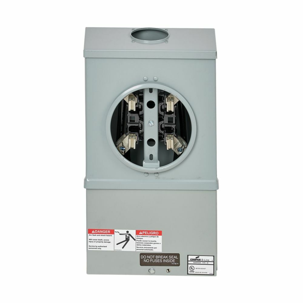 U121314 Single Meter Socket, AW Hub Top Provision, 100 Amp, Both, 4 Jaw, Ringed, 3, Steel, ANSI 61 Paint, Side, 1 Pole, 3 Wire, #14-2/0 Line Lug Size, #14-2/0 Load Lug Size, Manual Circuit Closing