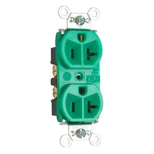 Hard Use Spec Grade Duplex Receptacle, Back and, Side Wire, 20amp 125volt, Green