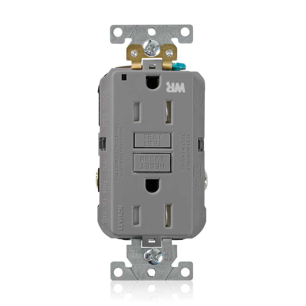 15 Amp, 125 Volt, SmartlockPro Self-Test GFCI Duplex Receptacle , NEMA 5-15R, 2P, 3W, Extra-Heavy Duty Industrial Grade, Weather & Tamper-Resistant, 20A Feed-Through, Back or Side Wired - GRAY
