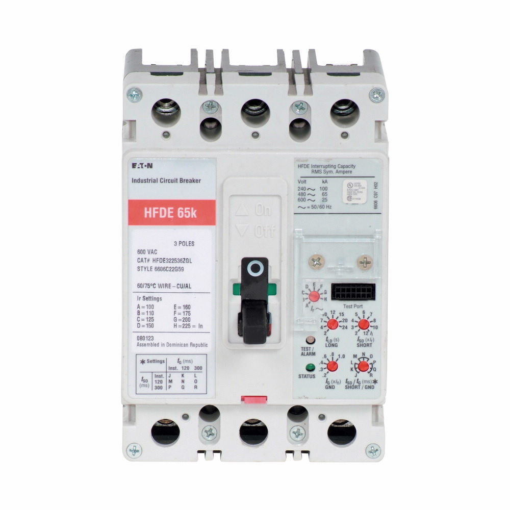 Eaton Series C electronic molded case circuit breaker, F-frame, HFDE, Complete breaker, Digitrip 310 RMS, Electronic LSIG trip type, Three-pole, 225 A, 100 kAIC at 240 Vac, 65 kAIC at 480 Vac, Load side, 50/60 Hz