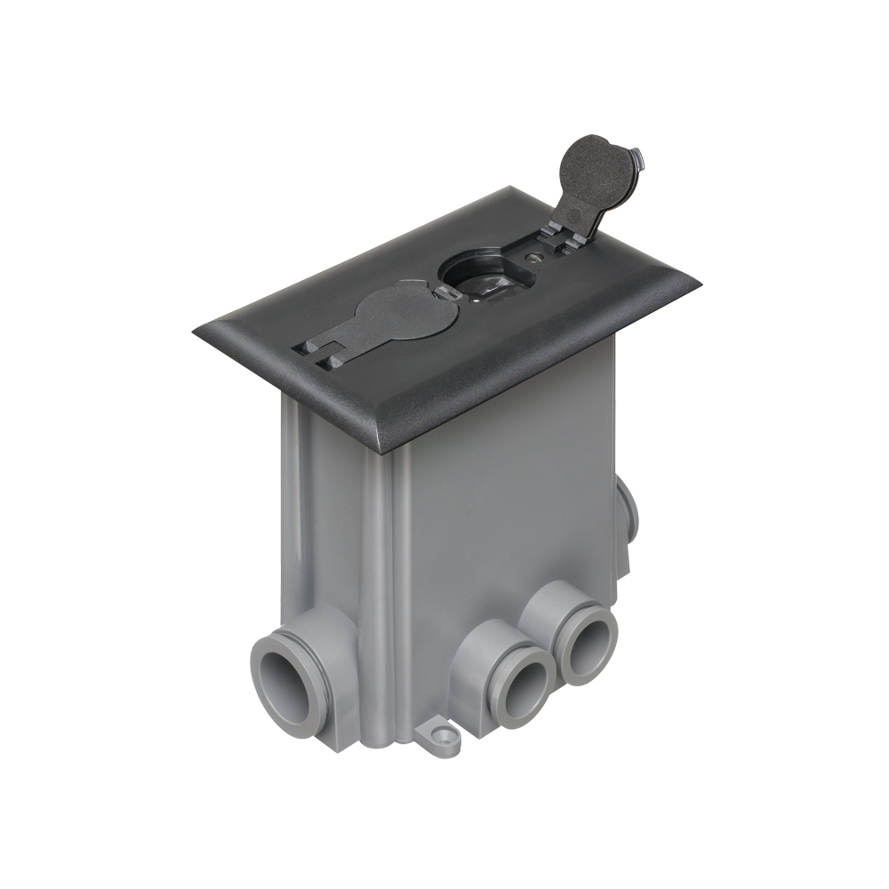 Non Metallic concrete floor box with non metallic covers for new concrete pours. Black with flips lids. Includes Box, Mud Cover, Four 3-1/4 plugs, two 1" plugs, 1/8" spacer 1/4" spacer. one 1/2" spacer, one 3/4" spacer, Mounting bracket, Duplex receptacle, Gasketed cover plate.