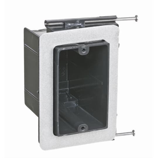 One-Gang Vapor-Tight Box, Volume 22.5 Cubic Inches, Length 3-5/8 Inches, Width 2-1/4 Inches, Depth 3-5/8 Inches, Color Black, Material Polycarbonate, Mounting Means Angled Side Nails