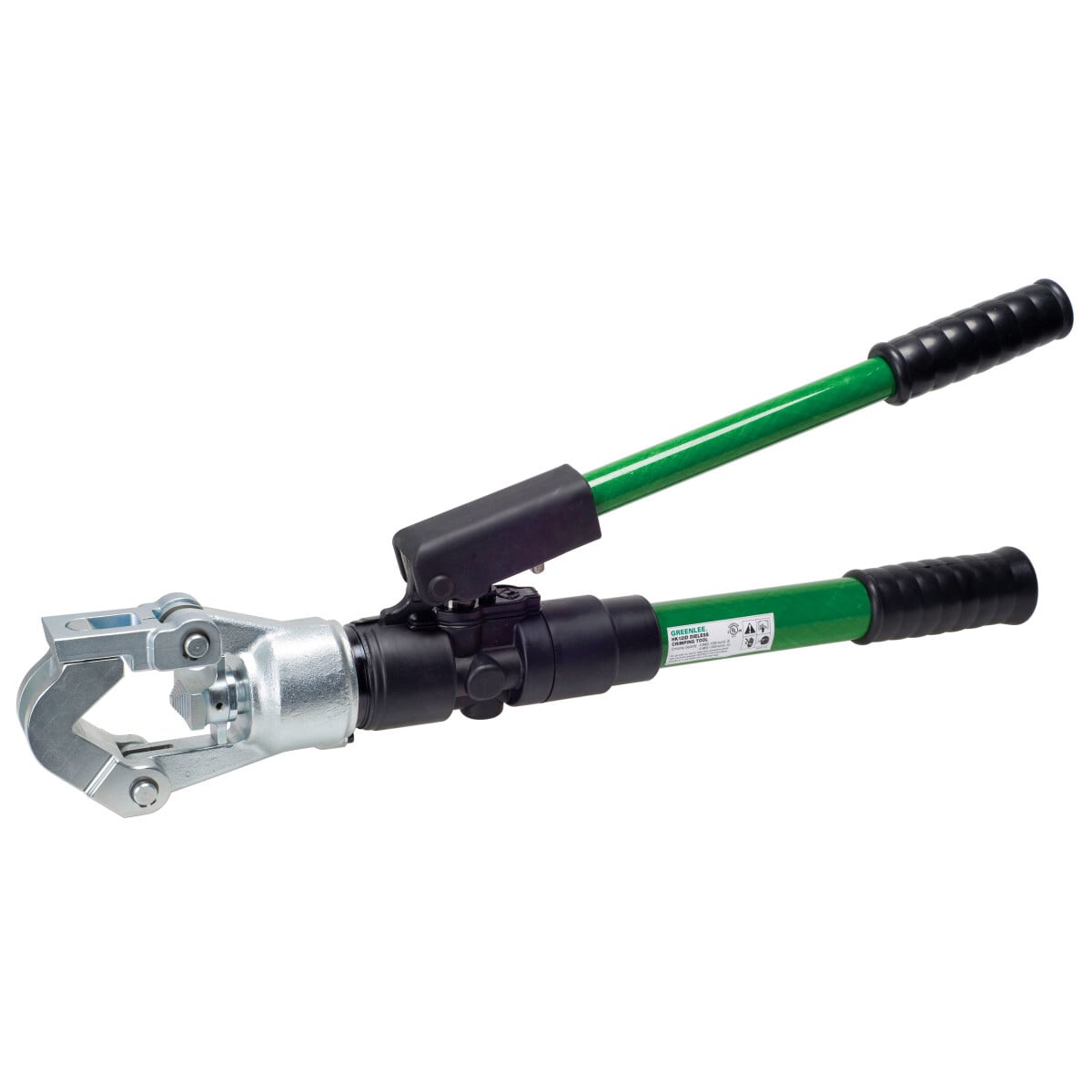 Dieless Indent Style Hydraulic Crimping Head.  Does not require interchangeable crimping dies.  Flip-open Crimping head rotates 350 to get into tight locations.  Two-speed pump provides rapid crimping cycle time.  Lightweight and strong fiberglass handles.  Comes with a molded carrying case.
