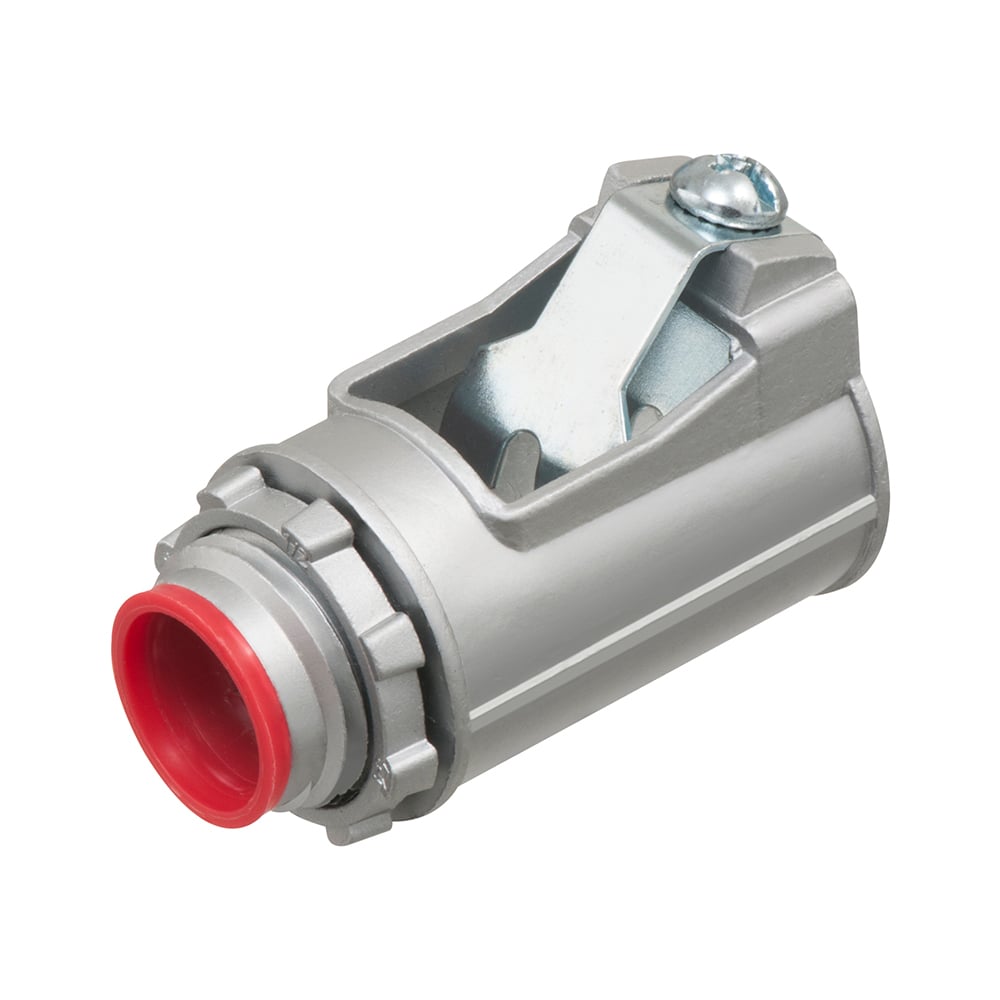 Zinc die-cast, 1/2" Knockout MC cable connector snaps quickly onto the conduit with an internal spring steel clip and then secures into knockout with locknut. Concrete tight when taped. Provided with insulated throat. Has a cable range of 0.560 - 0.850 inches.