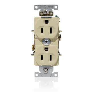 15 Amp, 125 Volt, NEMA 5-15R, 2P, 3W, Duplex Receptacle, Indented Face, Straight Blade, Fed Spec, Heavy Duty Industrial Specification Grade, Self-Grounding, Back & Side Wired, Steel Strap  IVORY