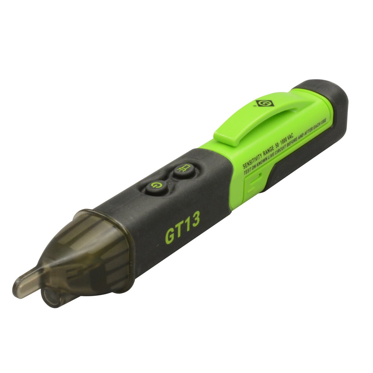 Non-contact voltage detection from 50V to 1000V AC. Patented automatic self-test verifies circuit integrity.  Audible and visual alert when voltage is present. Bright flashlight for use in dark work areas.  Can be used to detect voltage in outlets, lighting fixtures, circuit breakers, wires, and cables. Automatically turns off after 5 minutes of inactivity to conserve battery life