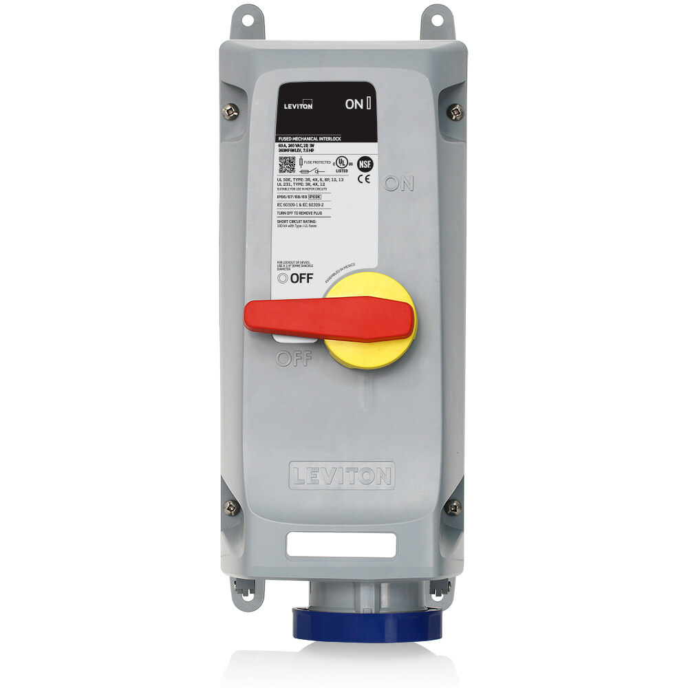 60 Amp, 240 Volt, 2P, 3W, LEV Series North American-Rated IEC 60309-1 & 60309-2 Pin & Sleeve Mechanical Interlock, Industrial Grade, IP66/IP67/IP68/IP69/IP69K, Watertight, Fused - Blue