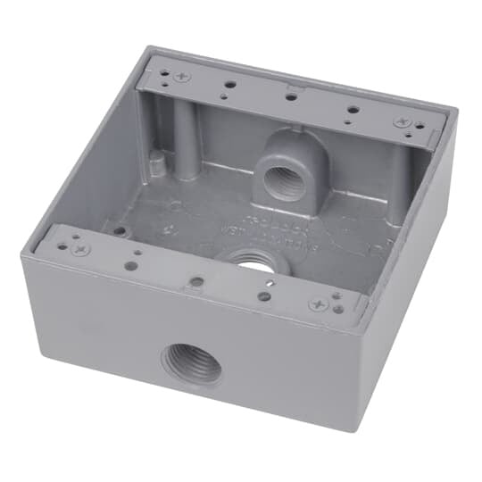 Two Gang Universal Weatherproof Box, 31 Cubic Inches, Hub Size 1/2 Inch, Silver, Aluminum, 3 Outlets, Top, Bottom, and Back One Each, Pack of 6