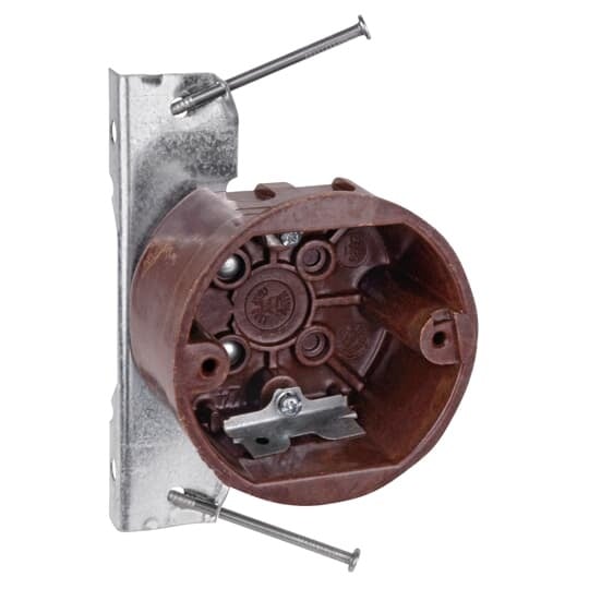 Round Ceiling/Fixture Nail-On Outlet Box, Volume 13.5 Inches, Diameter 3-1/2 Inches, Depth 2-1/8 Inches, Color Brown, Material Phenolic, Mounting Means N Bracket, with High Clamps