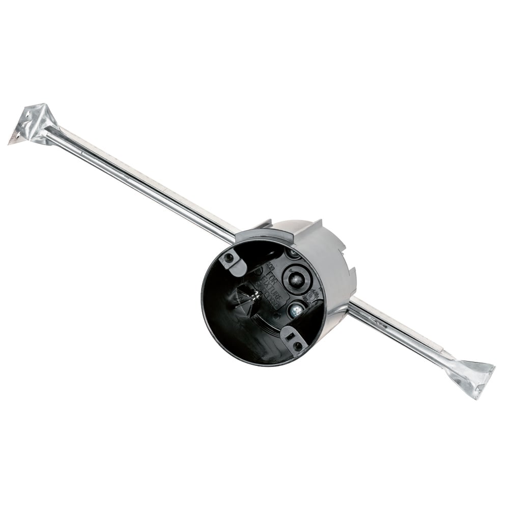 3 1/4 Round Ceiling Box. Bar-hanger adjusts to 16 or 24 joist spacing. Four Auto/Clamps. 50 pack.