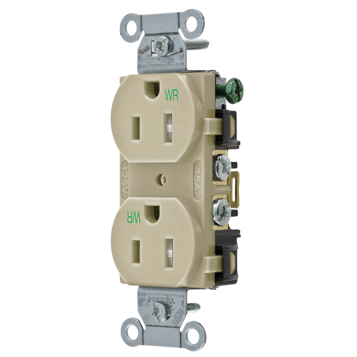 Straight Blade Devices, Receptacles, Tamper and Weather-Resistant Duplex, Commercial/Industrial Grade, 2-Pole 3-Wire Grounding, 15A, 125V, 5-15R, Ivory, Single Pack.