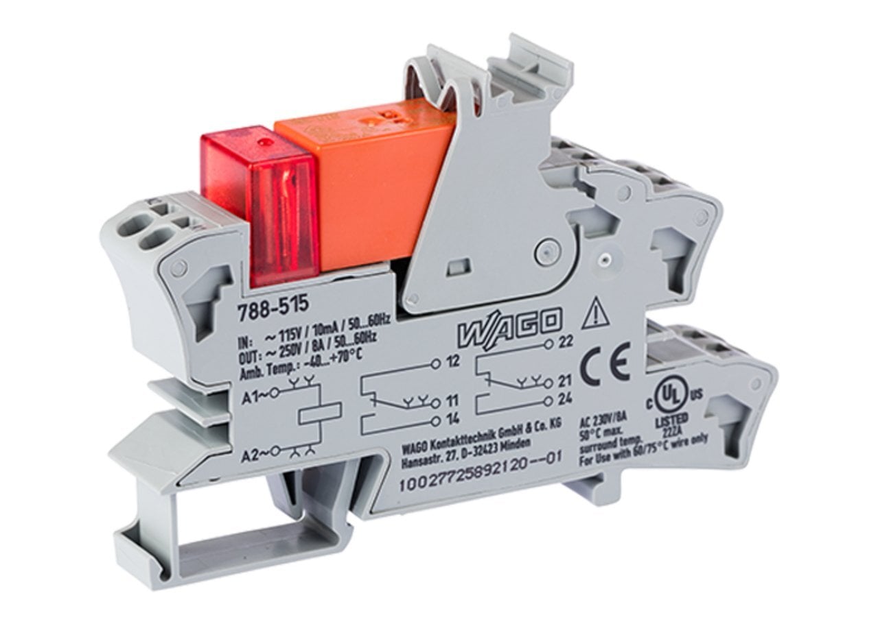 Relay module; Nominal input voltage: 115 VAC; 2 changeover contacts; Limiting continuous current: 8 A; Red status indicator; Module width: 15 mm; 2,50 mm; gray