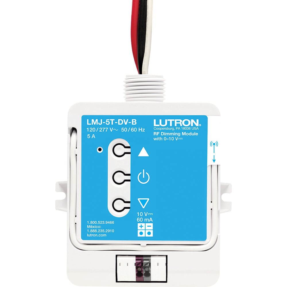 Lutron RF Dimming module Controls up to 60mA of 0-10V ballasts, or LED drivers, based on input from RadioRA 2 and Homeworks systems, switches up to 5A