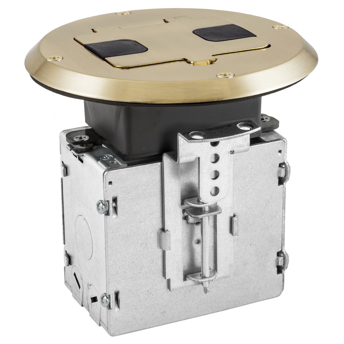 Floor and Wall Boxes, Residential Floor Box Kit, Woor Floor Type, 1-Gang, Brass