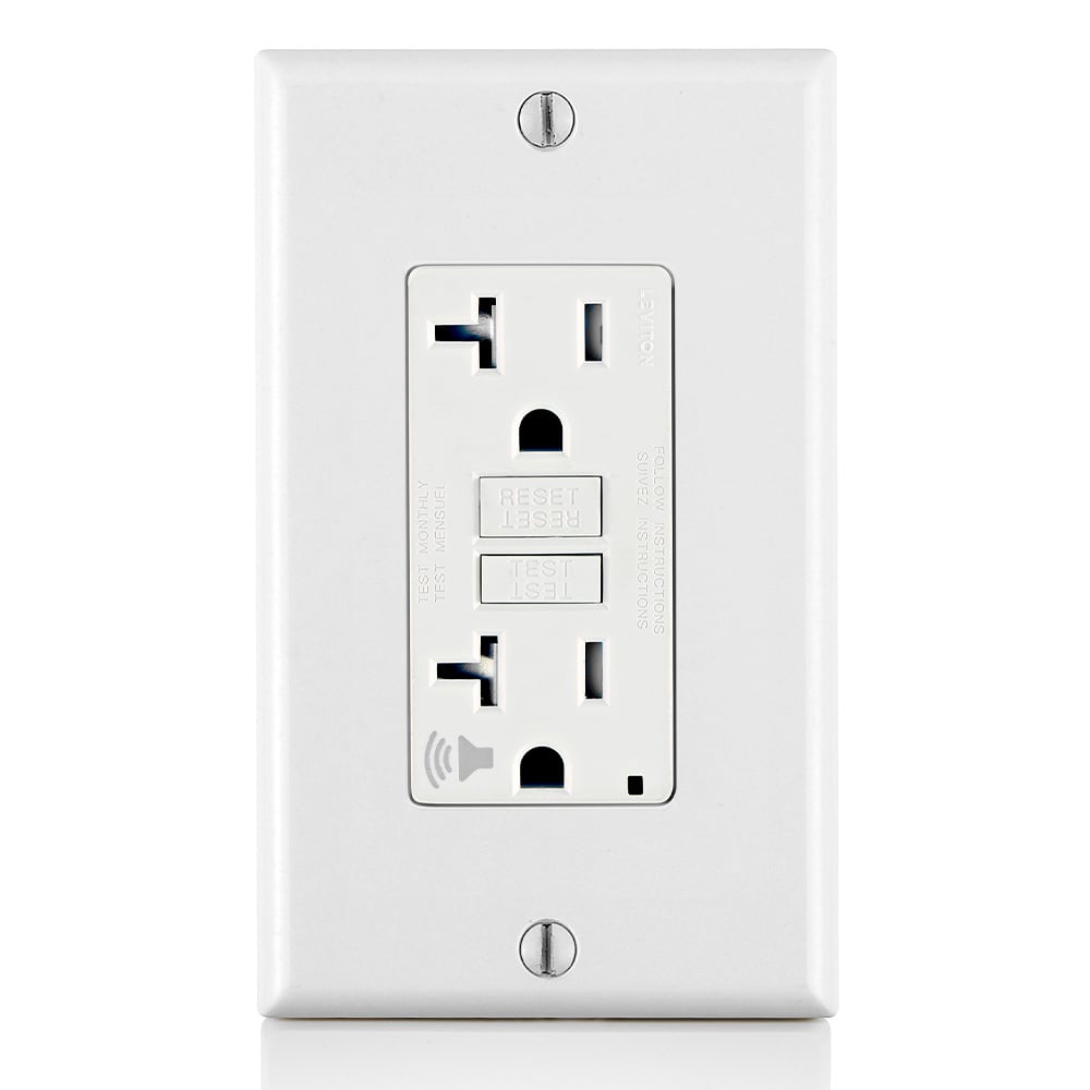 Audible Self-test Tamper Resistant GFCI Receptacle. Nema 5-20R 20A-125v @ Receptacle, 20A-125V Feed-through, Lighted, With Mounting Screws, Washers, Instruction Sheets, And Self-ground Clip Std Nylon Wallplate Included. - White, W/white Test And Reset Button