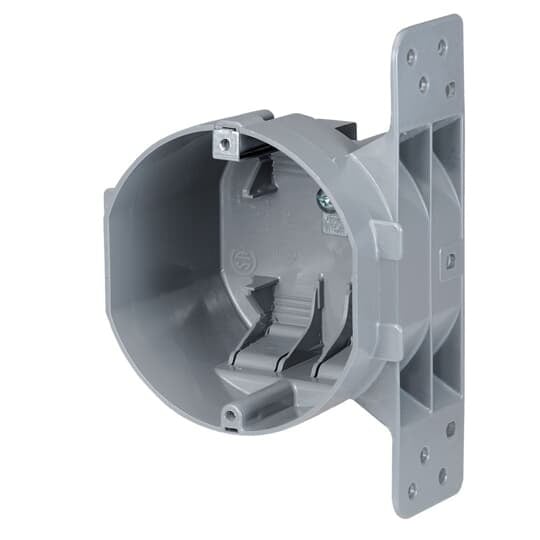 Round Ceiling Box, Volume 26 Cubic Inches, Diameter 4 Inches, Dpeth 2-3/4 Inches, Color Gray, Material Non-Metallic, Cable Entries 4