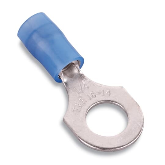 Nylon Insulated Ring Terminal, Length 1.08 Inches, Width .47 Inches, Maximum Insulation .162, Bolt Hole 1/4 Inch, Wire Range #18-#14 AWG, Color Blue, Copper, Tin Plated, 1,000 Pack