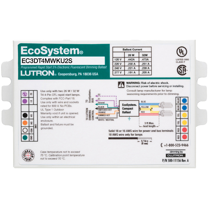 EcoSystem 5 percent 3-Wire and EcoSystem Digital Link Controlled T4 Compact, 2 lamps, ballast factor of 0.95, K-can, 18W
