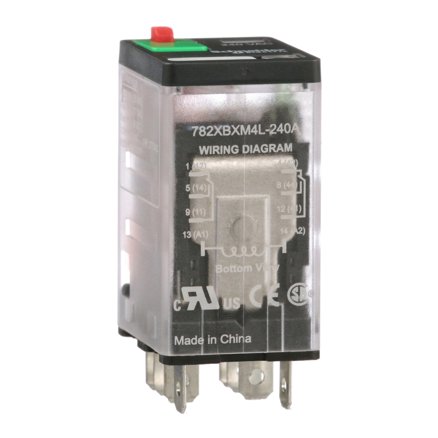 Power relay, SE Relays, 15A, DPDT, 240 VAC, cover with locking push button and LED