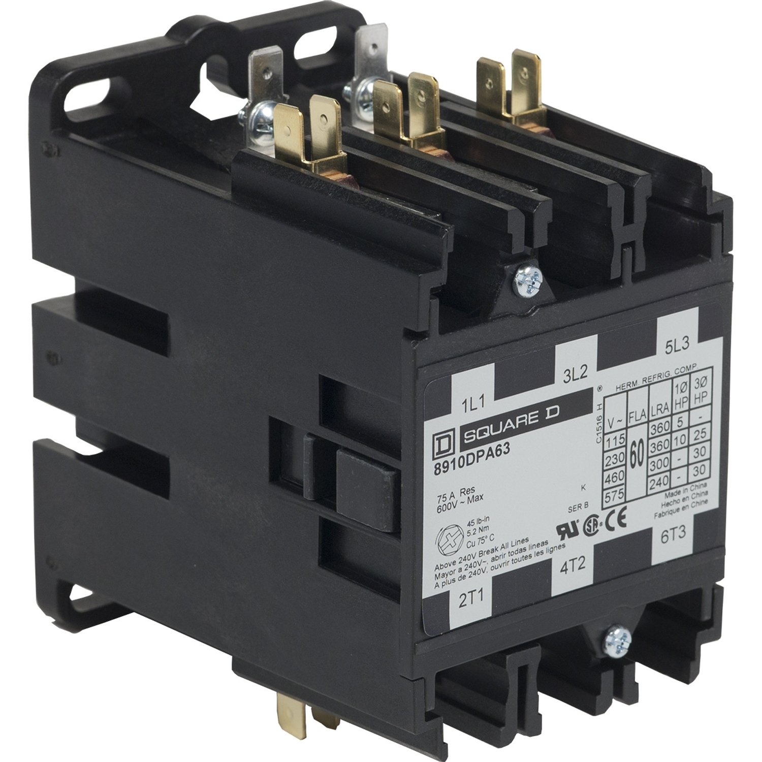 Contactor, Definite Purpose,  60A, 3 pole, 30 HP at 575 VAC, 3 phase, 550/600 VAC 50/60 Hz coil, open
