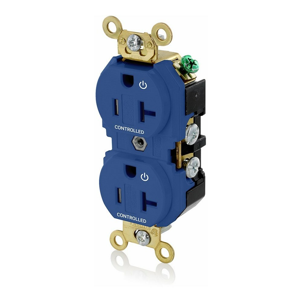 20 Amp. 125 Volt. NEMA 5-20R. 2P/3W. Industrial Series Extra Heavy Duty Specification Grade. Duplex Receptacle. 2 Plug Controlled Markings. Straight Blade. Self Grounding. Back And Side 8 Hole Feed-Thru Wired. Contractor Pack - Blue