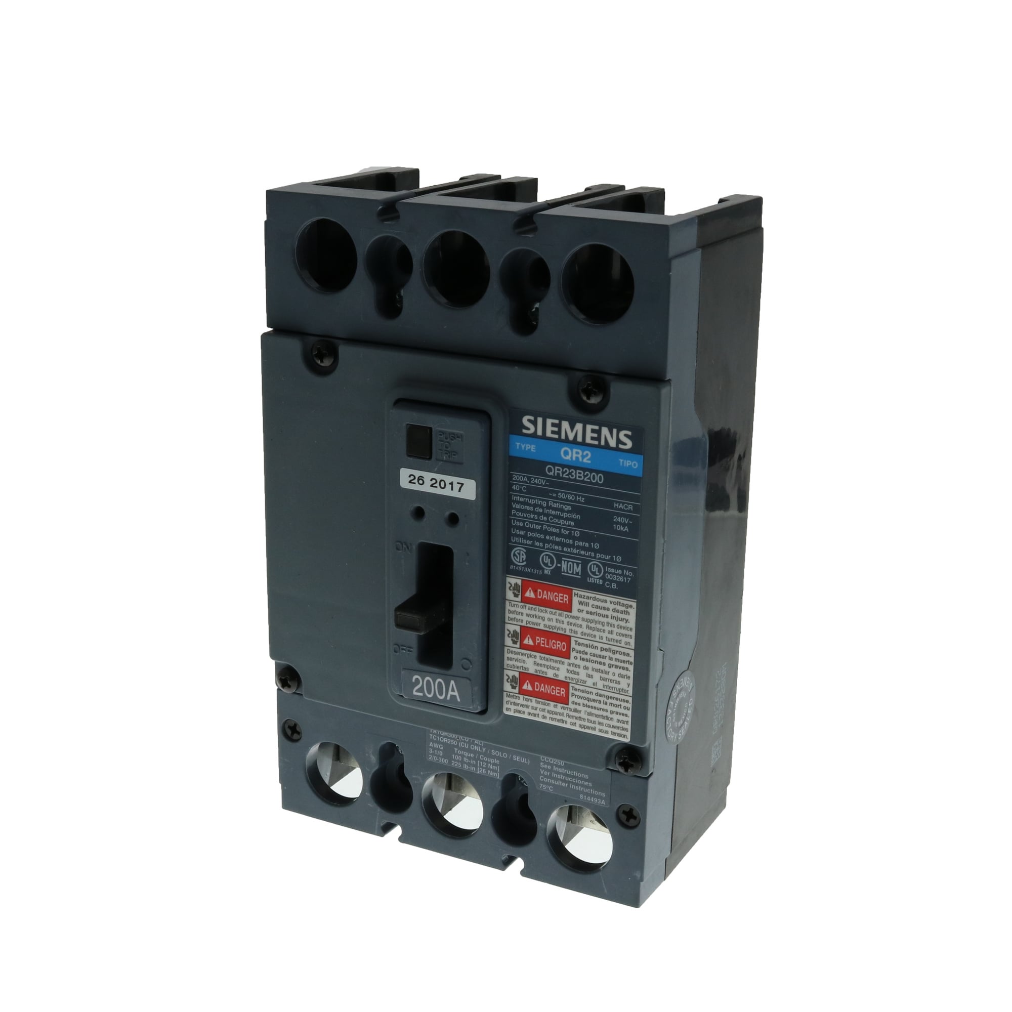 LOW VOLTAGE MOLDED CASE CIRCUIT BREAKER WITH THERMAL - MAGNETIC TRIP. QR FRAME STANDARD 40C BREAKER. 225A 3-POLE (10KA AT 240V). SPECIAL FEATURES NO LUGS INSTALLED.