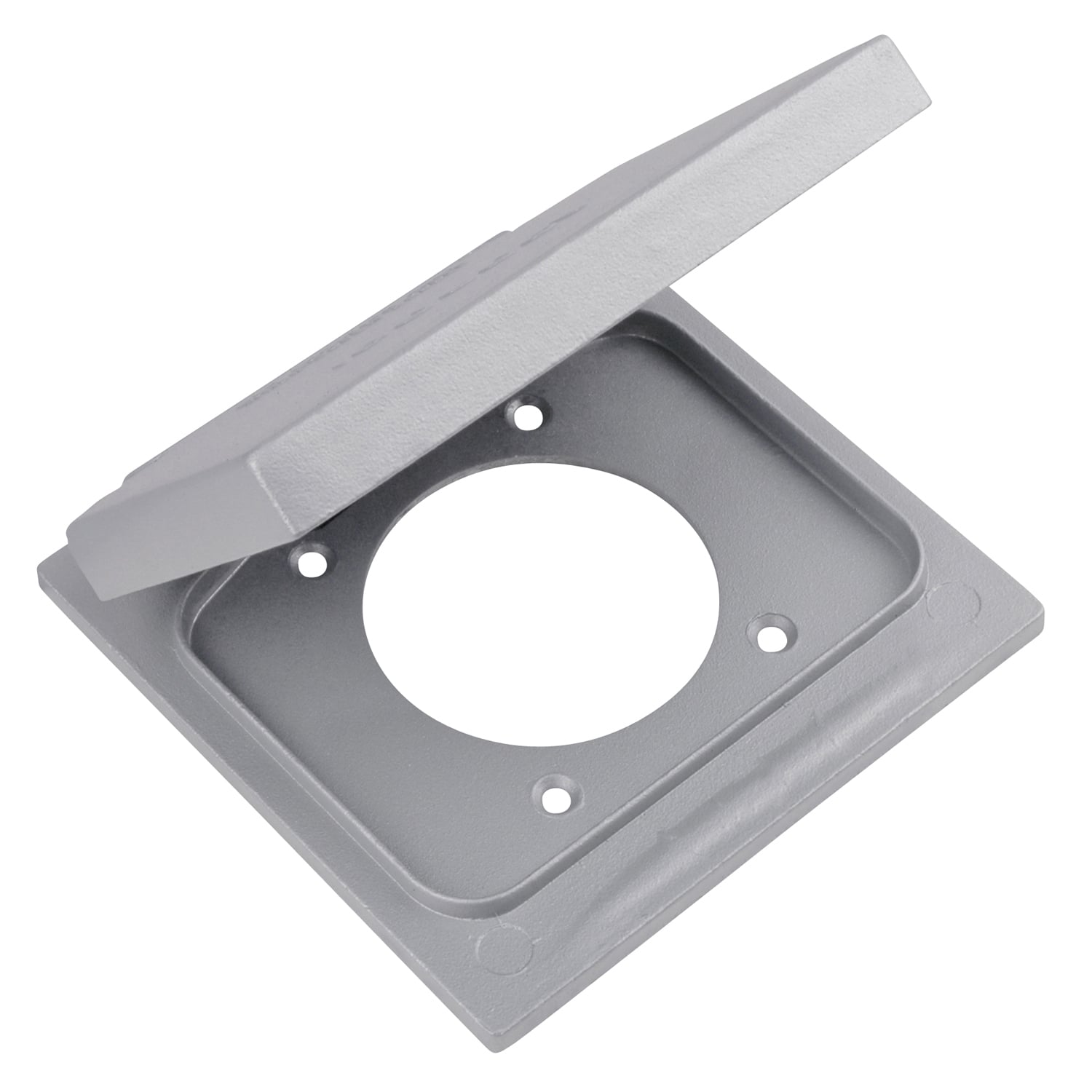 2 Gang Device Box Cover, Die Cast Aluminum, Single Receptacle, Device Mount, Hole Diameter 2-1/4 Inch, Raintight When Used with Appropriate Box, Gasket and Screws Included with Cover