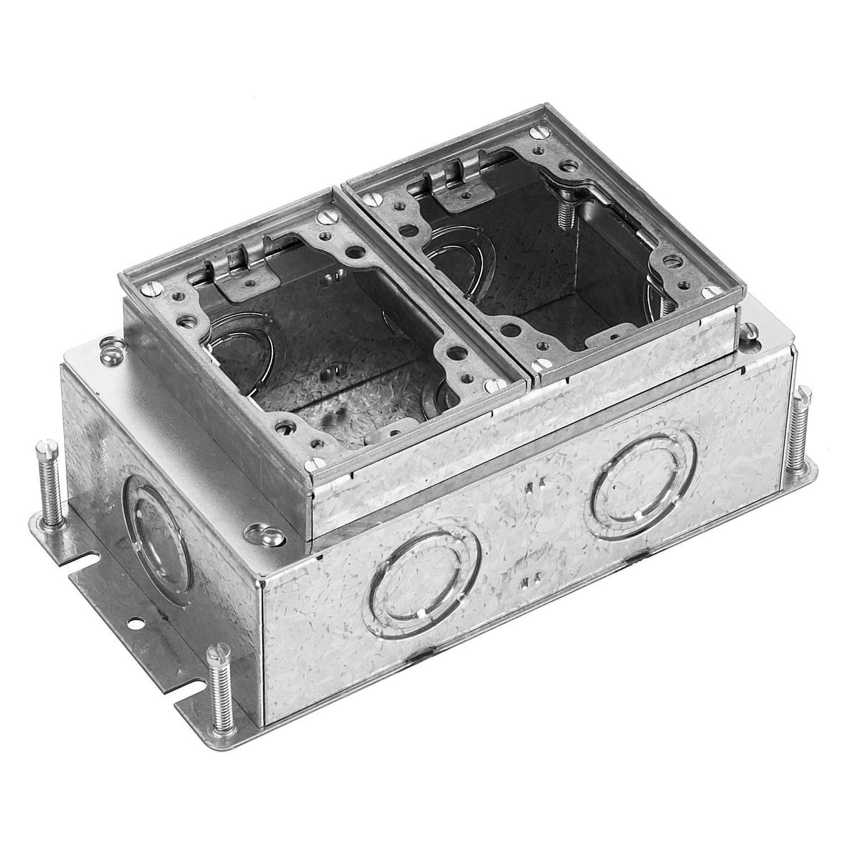 Flush Concrete Floor Box Series, 2-Gang, Rectangular, Galvanized Stamped Steel Box, Deep, Fully Adjustable, Aluminum Top