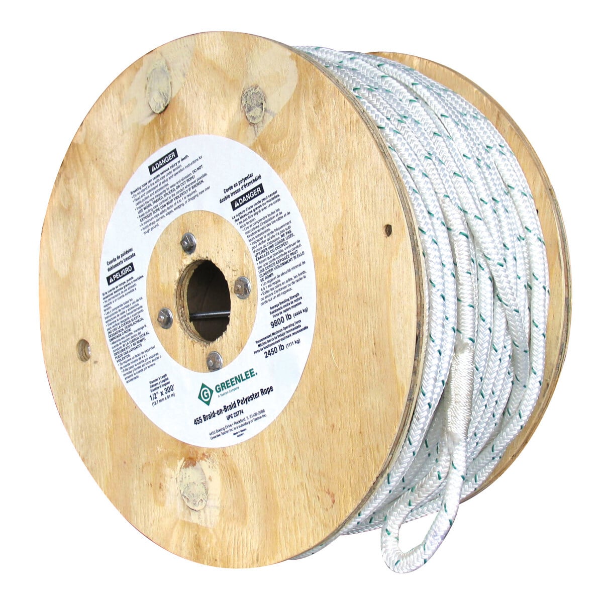 Double-Braided Composite Rope for Cable Pullers, 300' length with 2,200 pound Maximum Rated Capacity.  Double-braided inner core with an extra double-braided outer jacket for added strength and less stretch.  White with green tracer.  Rot and mildew resistant.  Factory spliced eyes at both ends.  Lowest stretch.  Select a rope with a maximum rated capacity that meets or exceeds the cable puller's maximum pulling force.
