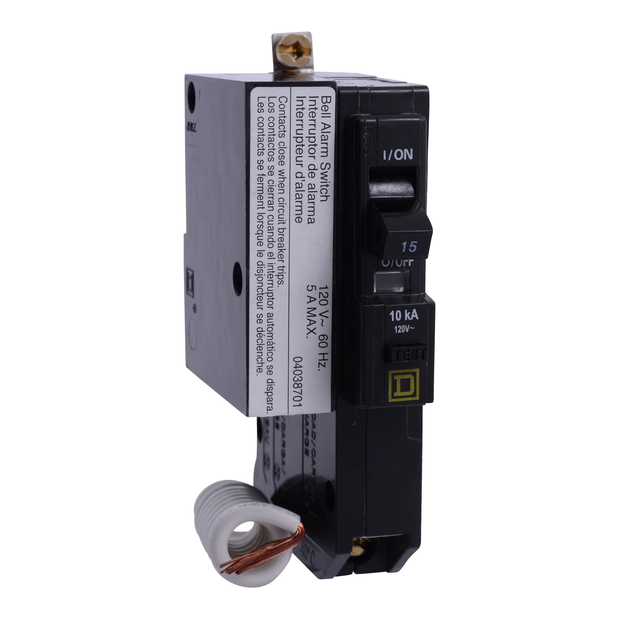 Mini circuit breaker, QO, 15A, 1 pole, 120 VAC, 10 kA, 30mA grd fault B, bolt on mount, alarm switch