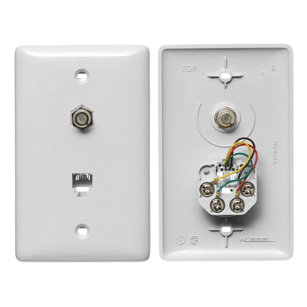 Plates, 1-Gang, With F Connector, Jack, 6-Position 4-Conductor, Screw Terminal, White