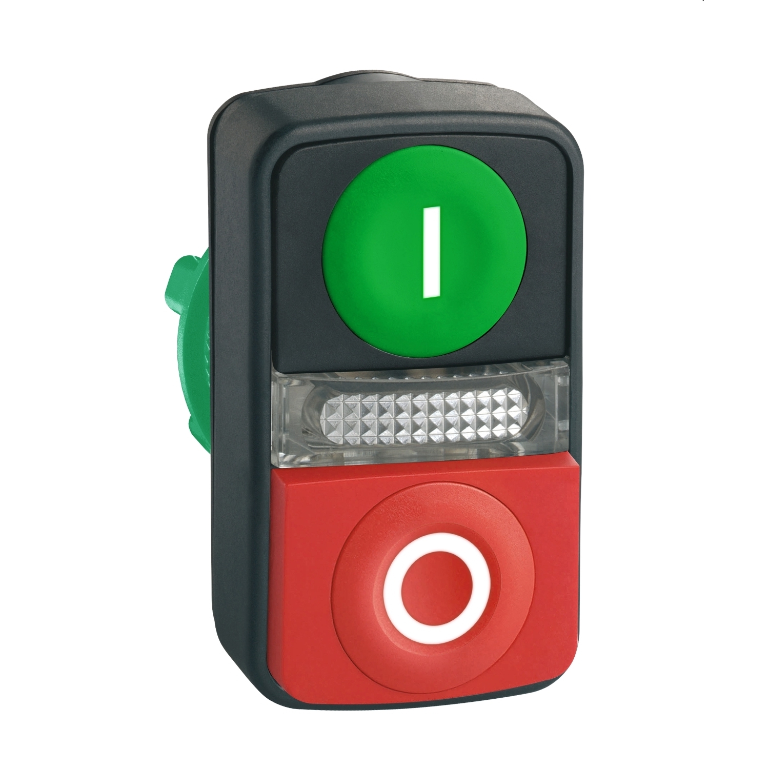 Illuminated double headed push button head, Harmony XB5, plastic, 22mm, 1 green flush I + 1 pilot light + 1 red projecting O