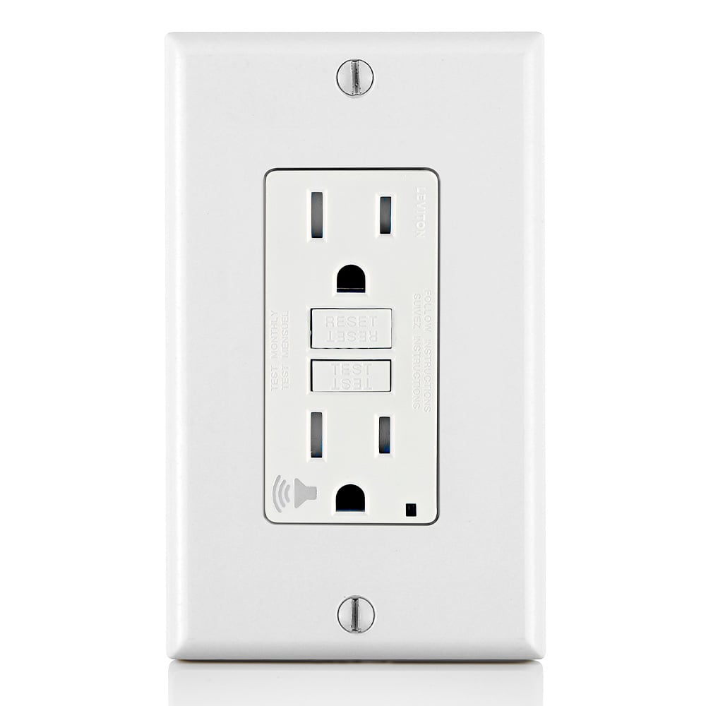 Audible Self-Test Tamper Resistant GFCI Receptacle.Nema 5-15R 15A-125v @ Receptacle, 20A-125V Feed-through, Lighted, Self-ground Clip, Wallplate Included - White, W/white Test And Reset Button.