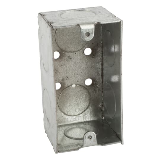 Single Gang Device Box, 13.9 Cubic Inches, 4 Inches Long x 2-1/8 Inches Wide x 1-7/8 Inches Deep, 1/2 Inch Knockouts, Galvanized Steel, Welded Construction, with Angle Bracket on One Side Offset 9/16 Inch from Face, For Use with Conduit