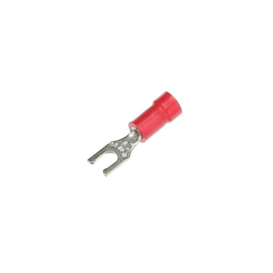 Vinyl-Insulated Locking Fork Terminal, Length .97 Inches, Width .25 Inches, Maximum Insulation .150, Bolt Hole #6, Wire Range #22-#18 AWG, Color Red, Copper, Tin Plated, 1,000 Pack
