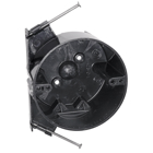 Round Ceiling Box, Volume 22.5 Cubic Inches, Diameter 4 Inches, Depth 2-1/2 Inches, Color Black, Material Polycarbonate, Mounting Means Angled Side Nails, with Molded V Clamp