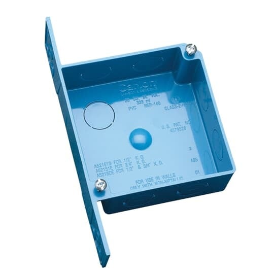 Outlet Box, Volume 20 Cubic Inches, Length 4 Inches, Width 4 Inches, Depth 1.60 Inches, Number of Knockouts 7, Knockout Size 3/4 Inch, Material PVC