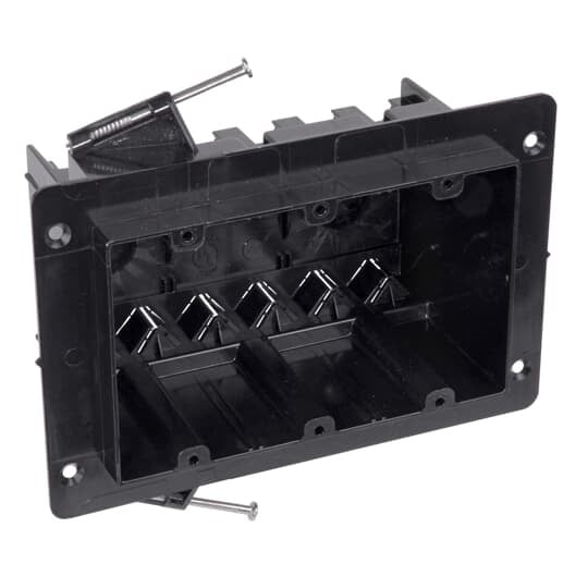 Three-Gang Universal Flanged Nail-On Box, Volume 54 Cubic Inches, Length 3-1/2 Inches, Width 5-3/4 Inches, Depth 3-1/4 Inches, Color Black, Material Polycarbonate, Mounting Means Angled Side Nails
