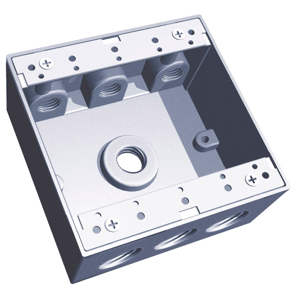 Two Gang Universal Weatherproof Box, 31.8 Cubic Inches, Hub Size 1/2 Inch, Silver, Aluminum, 7 Outlets with 3 on Top and Bottom and 1 on Back
