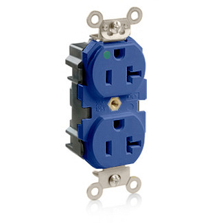 20 Amp, 125 Volt, NEMA 5-20R, 2P, 3W, Narrow Body Duplex Receptacle, Straight Blade, Hospital Grade, Self Grounding, Tamper-Resistant, Modular Terminals, Steel Strap, Lev-Lok - Blue