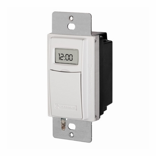 The 7D DIGTL PROG WALL SW TMR W/ASTRO FEAT In-Wall Timers are easy-to-program, 4-button programmable timers that allow up to 40 event settings per week. The timers have an Astronomic feature for sunrise and sunset switching.