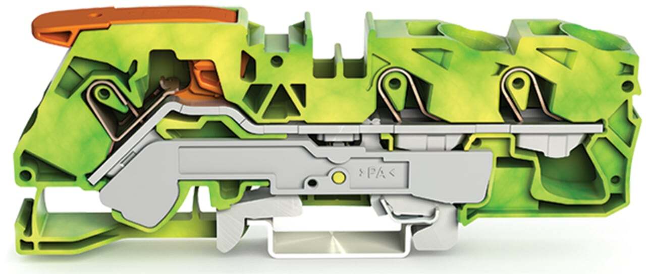 3-conductor ground terminal block; with lever and Push-in CAGE CLAMP; 16 mm; with test port; side and center marking; for DIN-rail 35 x 15 and 35 x 7.5; Push-in CAGE CLAMP; 16,00 mm; green-yellow