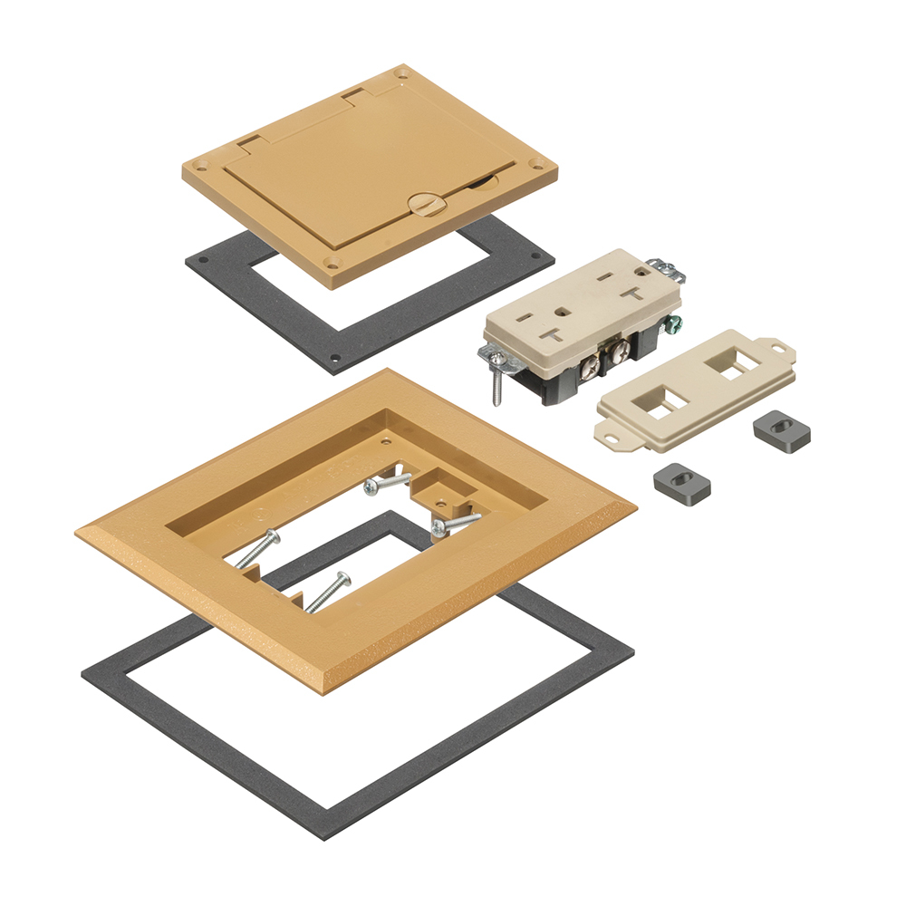 Caramel non-metallic single gang frame kit with flip lid cover. Includes (1) 20A decorator style receptacle, (1) gasket, low voltage insert and installation screws. Flip lid cover can be opened in any direction.
