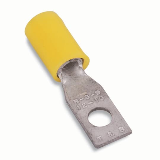 Nylon Insulated Rectangular Ring Terminal, Length 1.203 Inches, Width .237 Inches, Bolt Hole #6, Wire Range #12-#10 AWG, Color Yellow, Copper, Tin Plated