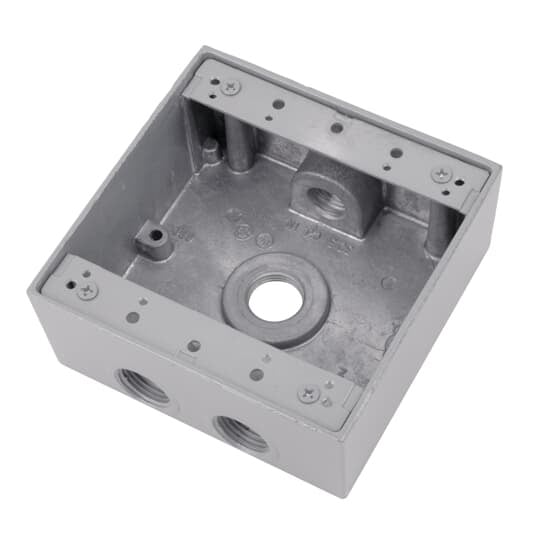Two Gang Universal Weatherproof Box, 31 Cubic Inches, Hub Size 1/2 Inch, Silver, Aluminum, 4 Outlets with 2 on Top and 1 on Bottom and Back